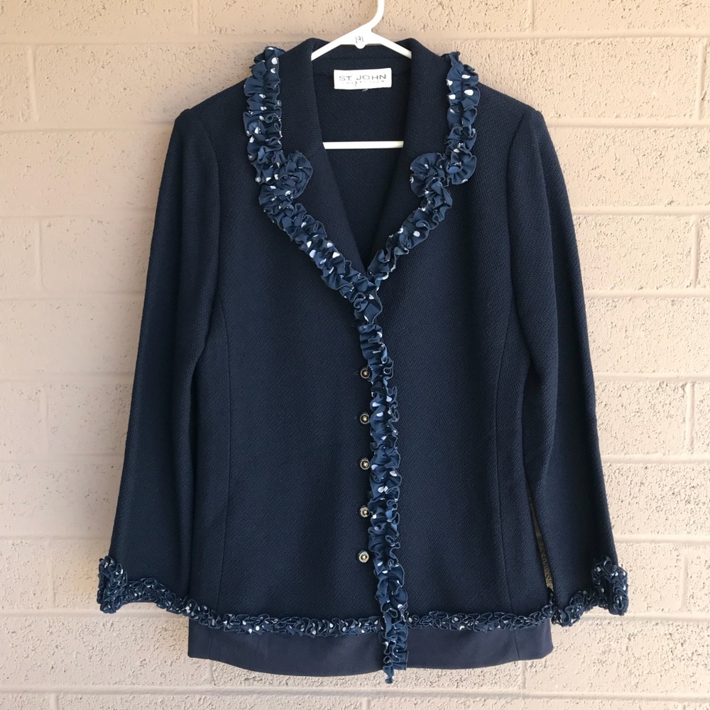 St John Collection Santana Knit Jacket Navy Ruffle